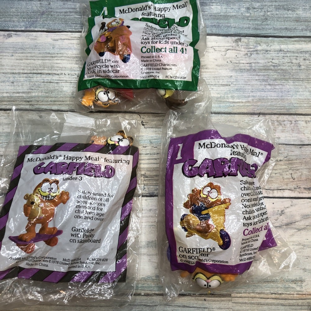 Garfield McDonalds Happy Meal Sealed Toy Lot 1988‎ 3x Scooter Skateboard Odie